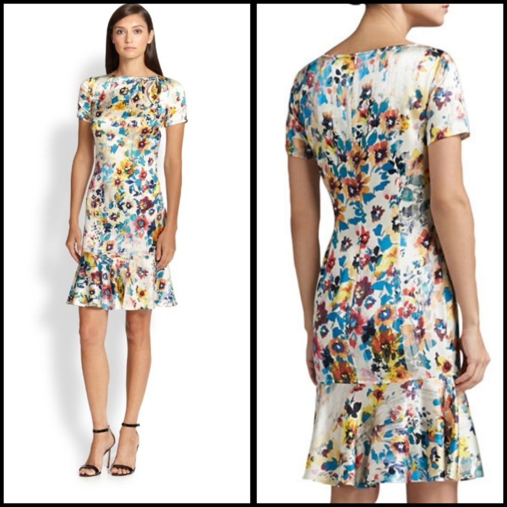 St. John White Floral Short-Sleeve Ruffle-Hem Dress